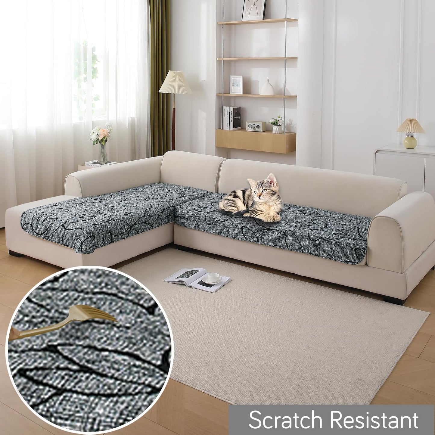 Waterproof Printed Quilted Quick Dry L Shape Sofa Seat Cover Mat, Intense Grey Abstract Floral