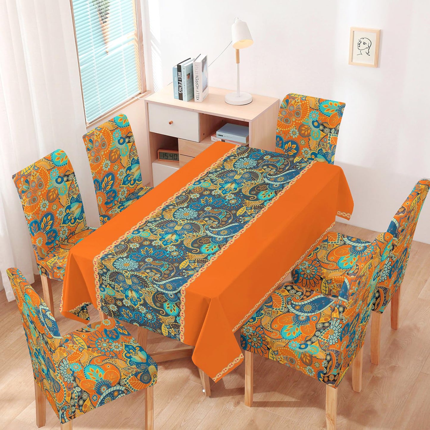 Orange Printed Dining Set Cover | 4/6 Seater