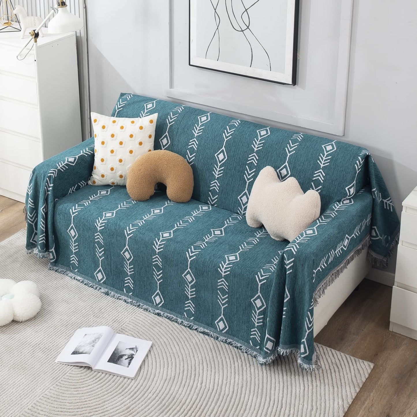 Thick, Soft and Pet Friendly Chenille Sofa Cover Throw, Teal Aztec