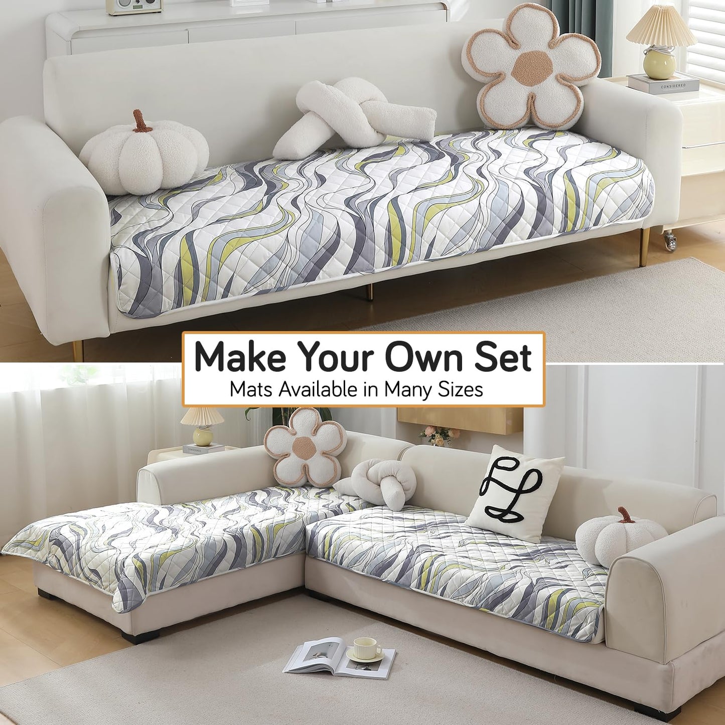 Quilted, Waterproof and Anti-Slip Sofa Cover Mat, Curved Lines Pearl White