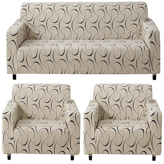 Elastic Stretchable Printed 140gsm Fully Covered Sofa Cover, Natural Beige Abstract Art