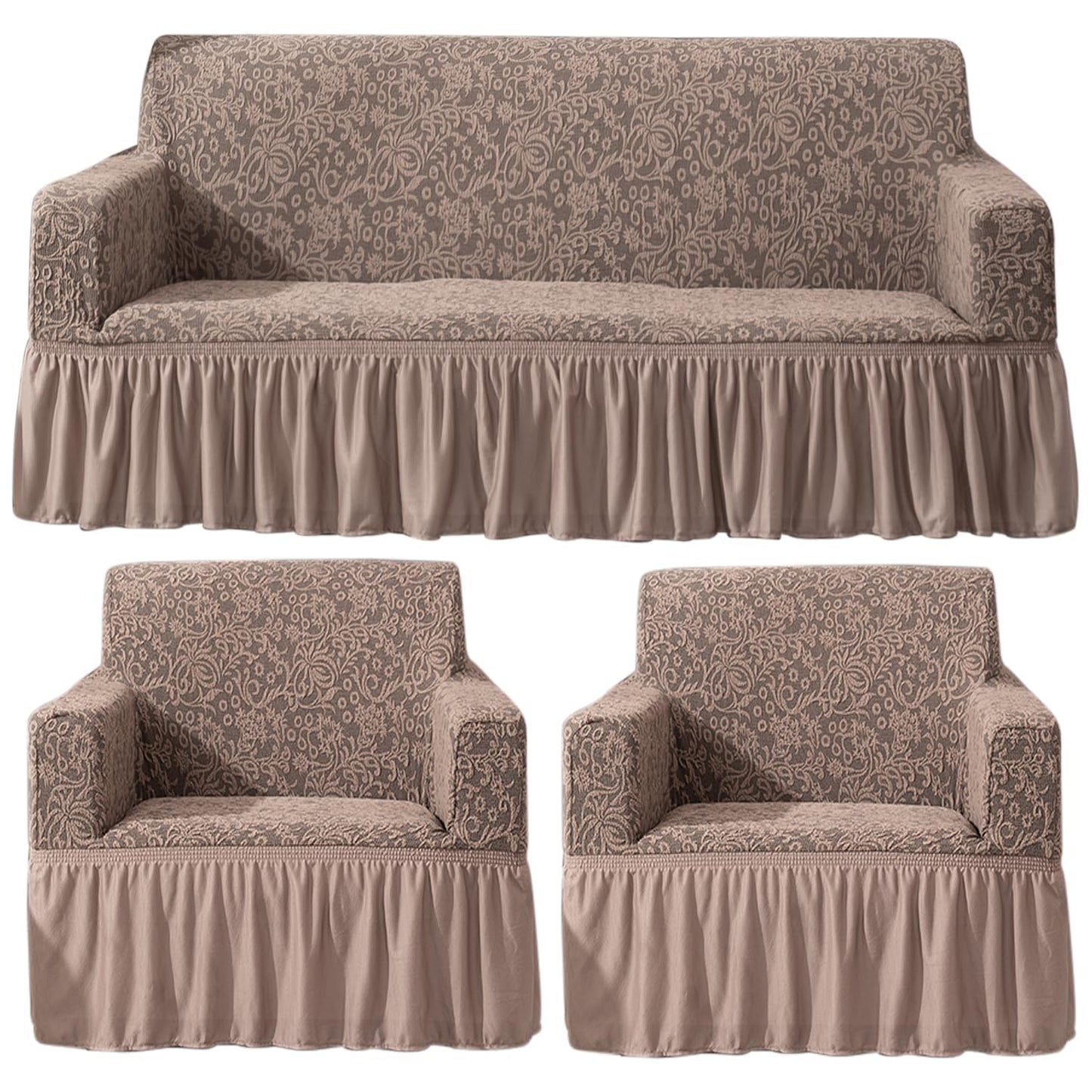 premium Light Taupe stretchable designer woven jacquard frill sofa cover 3+1+1 seater sofa