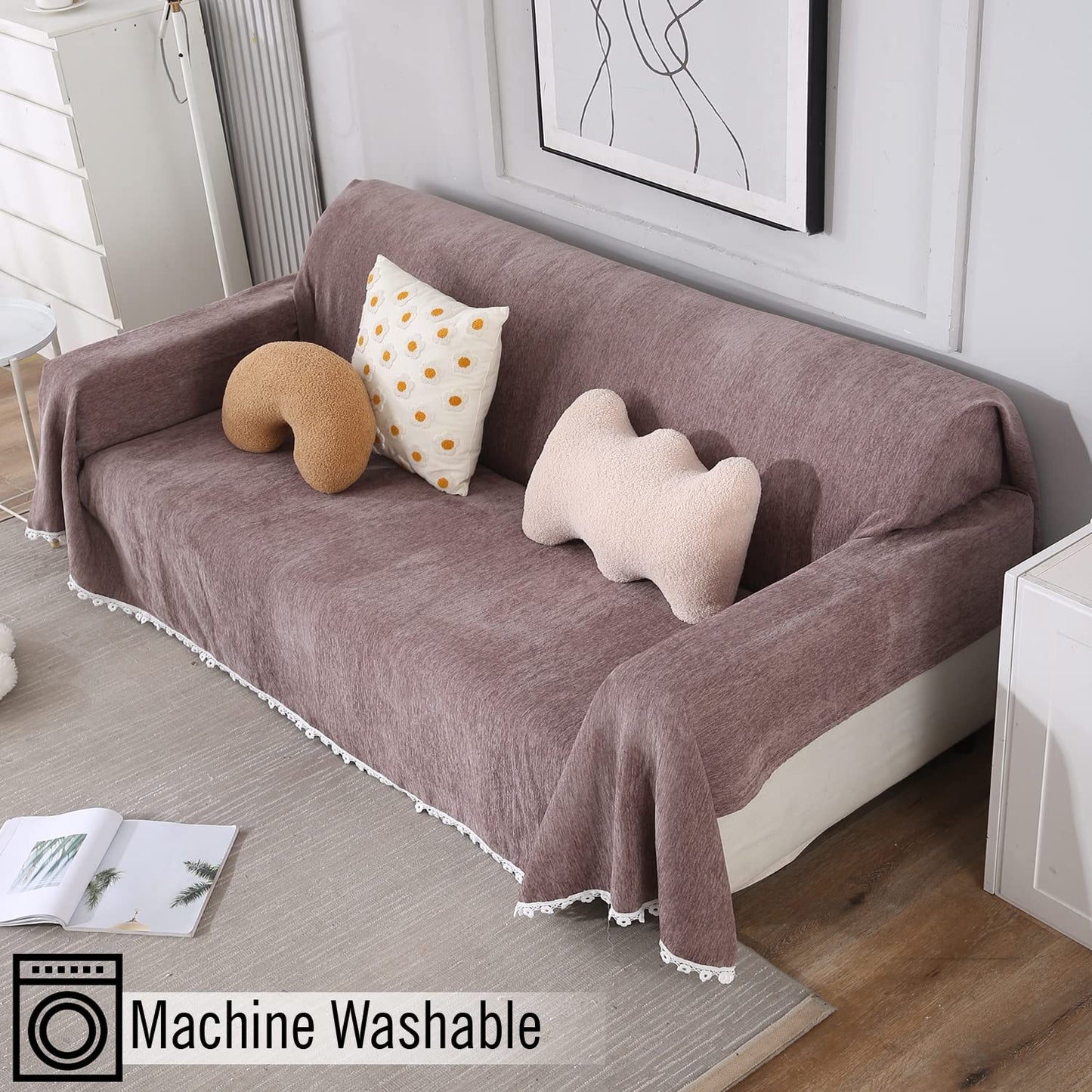 Chenille Sofa Couch Slipcover, Brown for 1/2/3 Seater