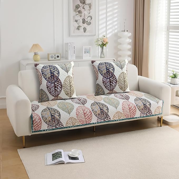 HOKIPO Quilted Sofa Cover Seat Mat for 1/2/3 Seater and Cushion Cover, Multicolor Linden Leaf