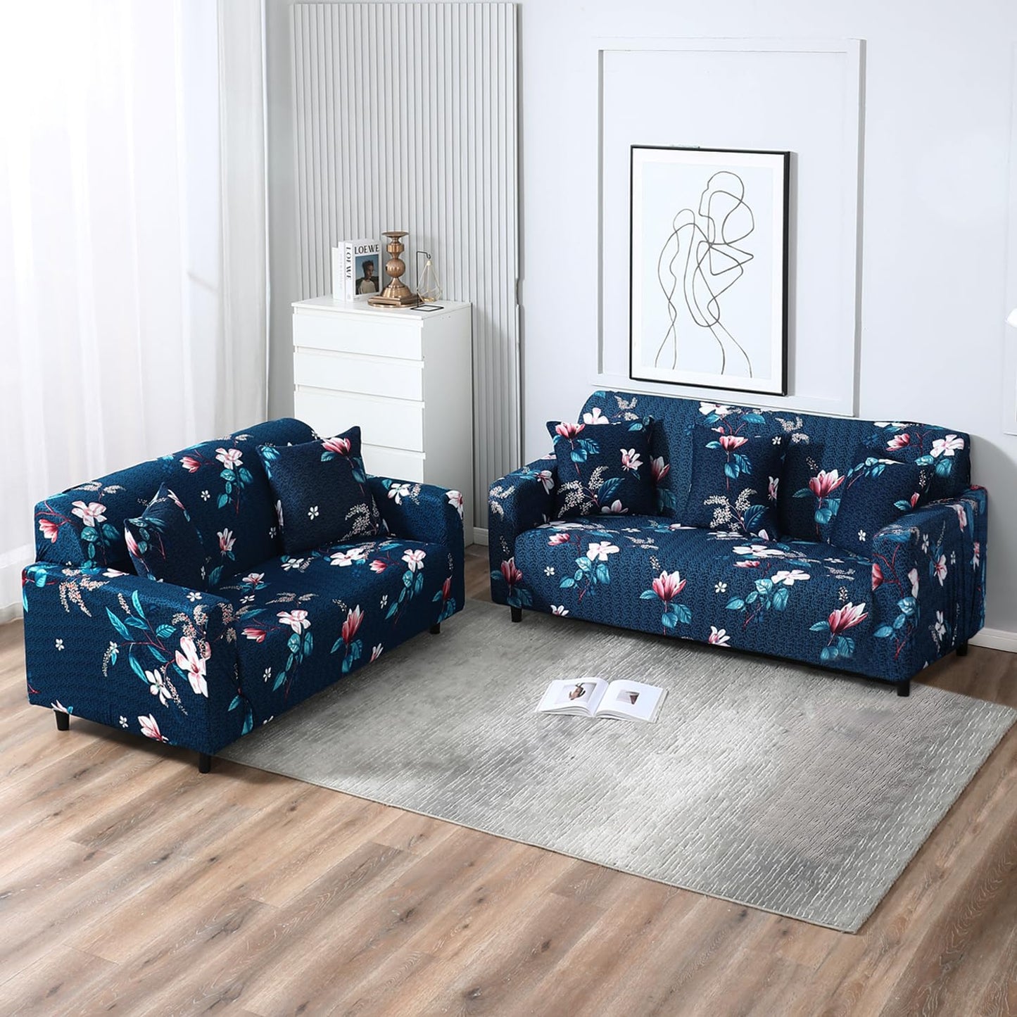 Elastic Stretchable Printed Sofa Cover and Cushion Cover, Blue Mixed Flowers