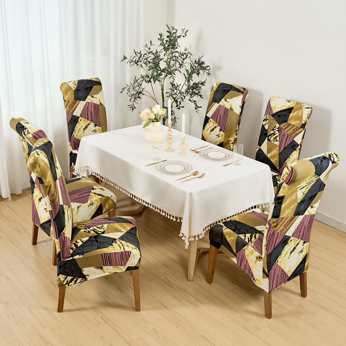 PolySpandex 140gsm High Back Dining Chair Cover Set of 1/2/4/6, Wine Abstract Geometry
