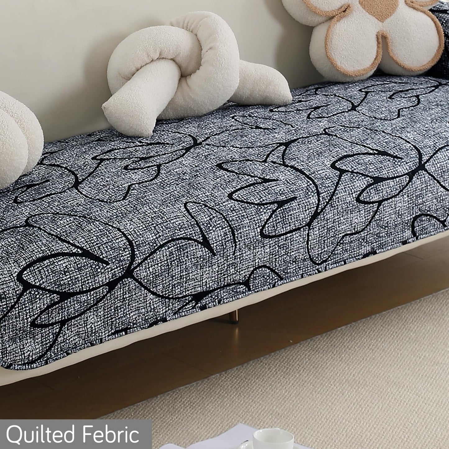 HOKIPO Waterproof Quilted Sofa Seat Mat for 1/2/3 Seater with 2 Armrest Covers with Pockets, Intense Grey Abstract Floral