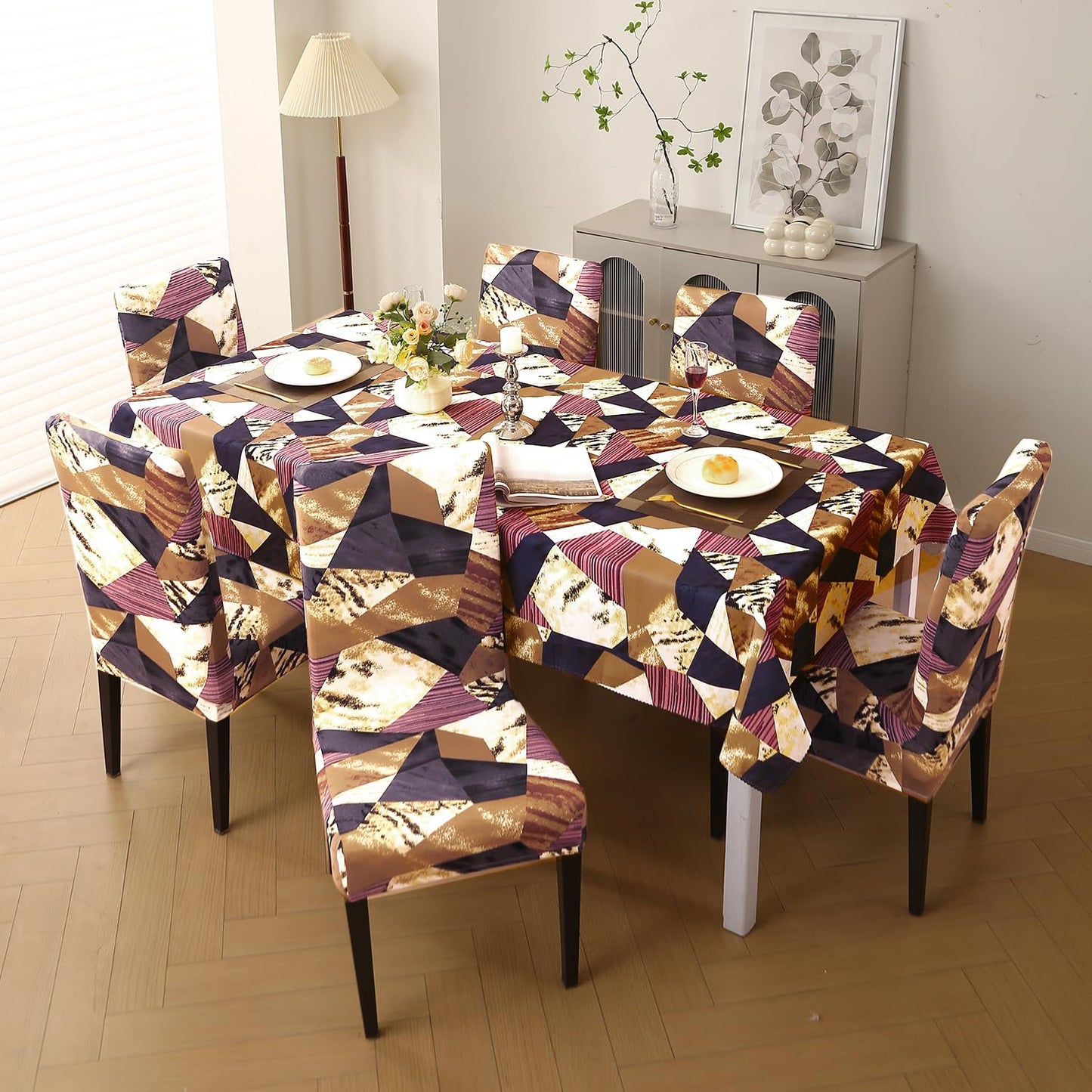 HOKIPO Elastic Dining Chair Covers with Matching Tablecloth, Wine Abstract Geometry