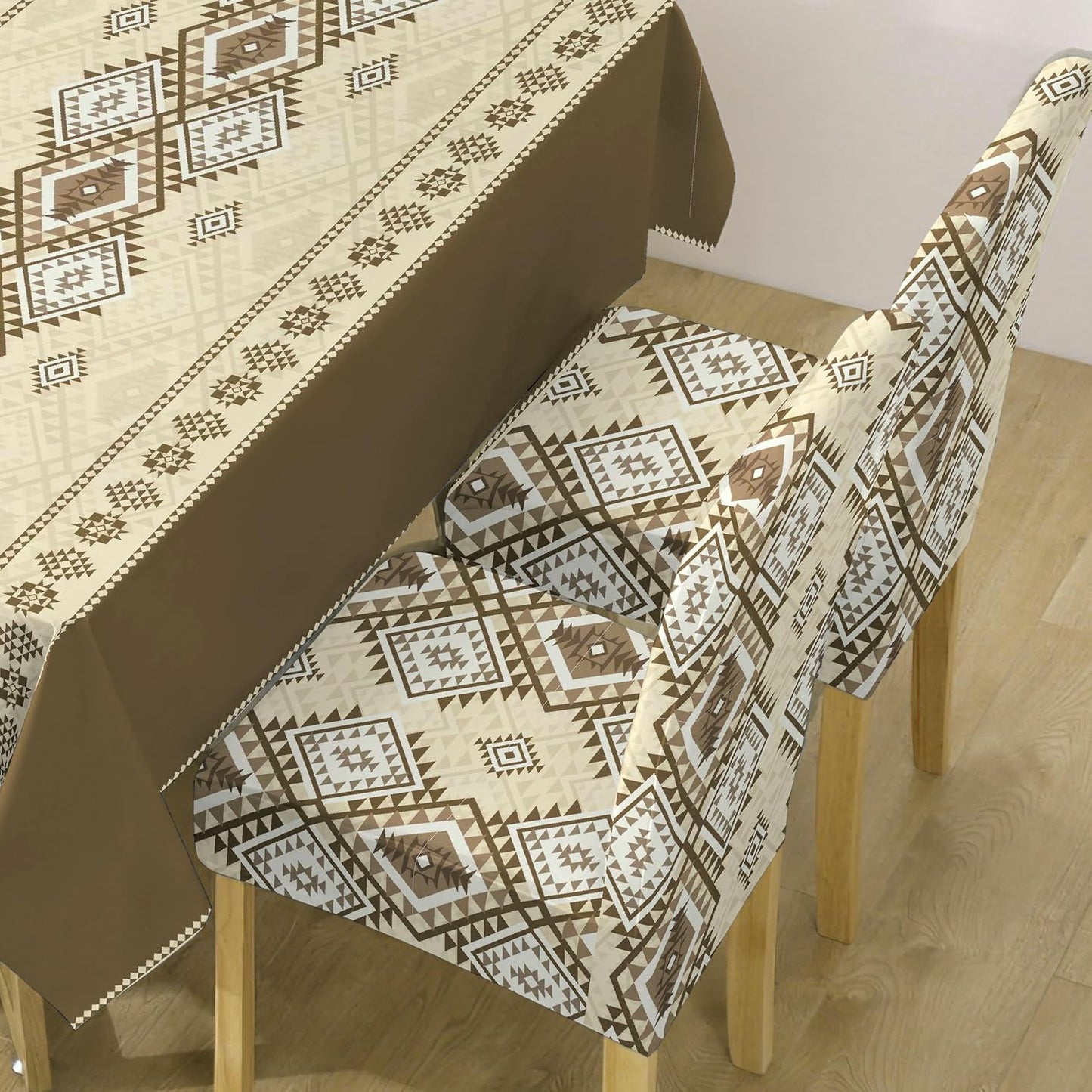Moss Brown Printed Dining Table Cover with Chair Covers | 4/6 Seater