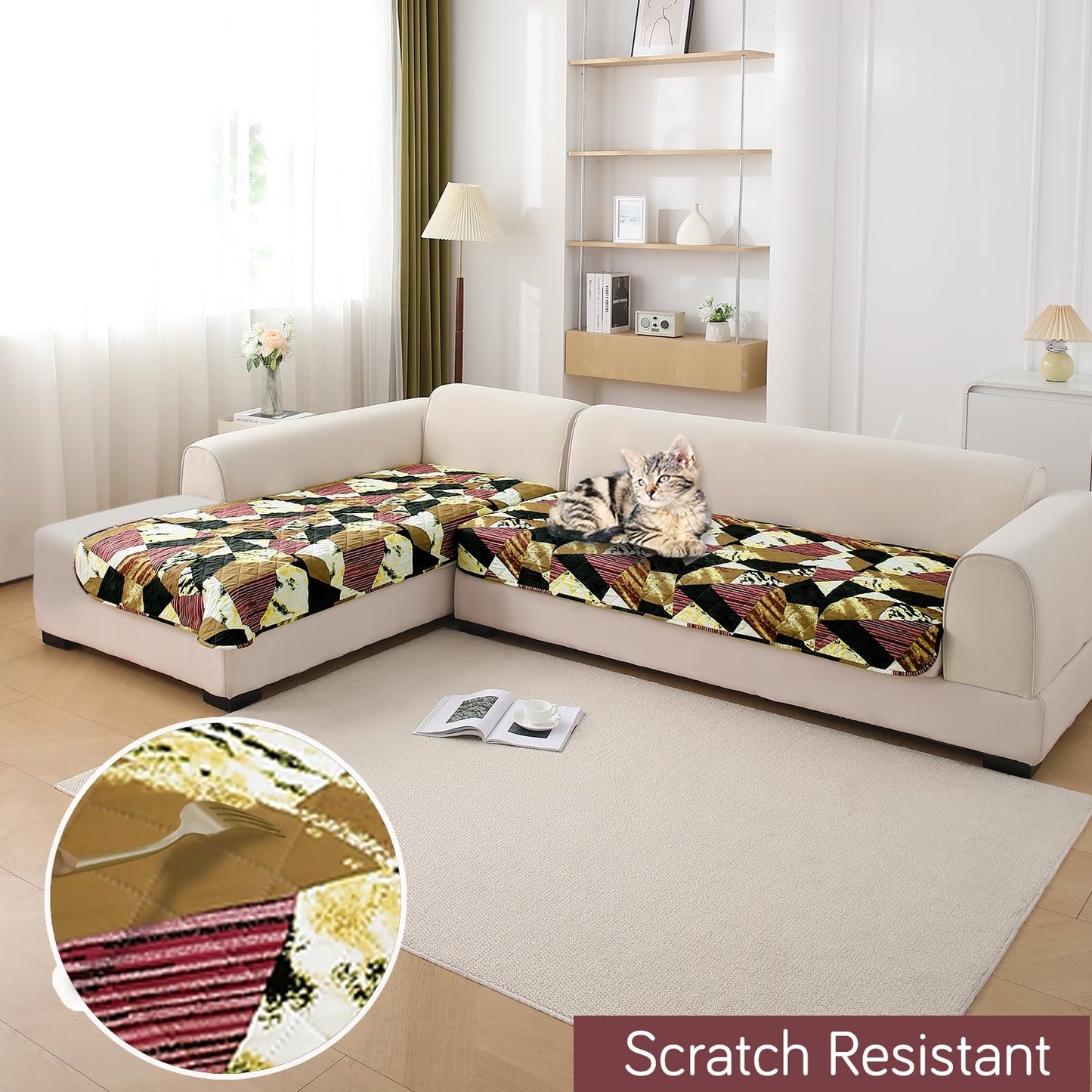 HOKIPO Waterproof Printed Quilted Quick Dry L Shape Sofa Seat Cover Mat, Wine Abstract Geometry