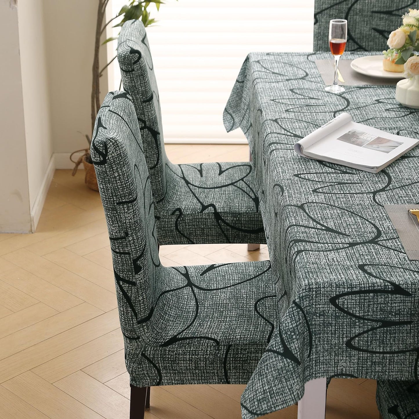 Elastic Dining Chair Covers with Matching Tablecloth, Intense Grey Abstract Floral