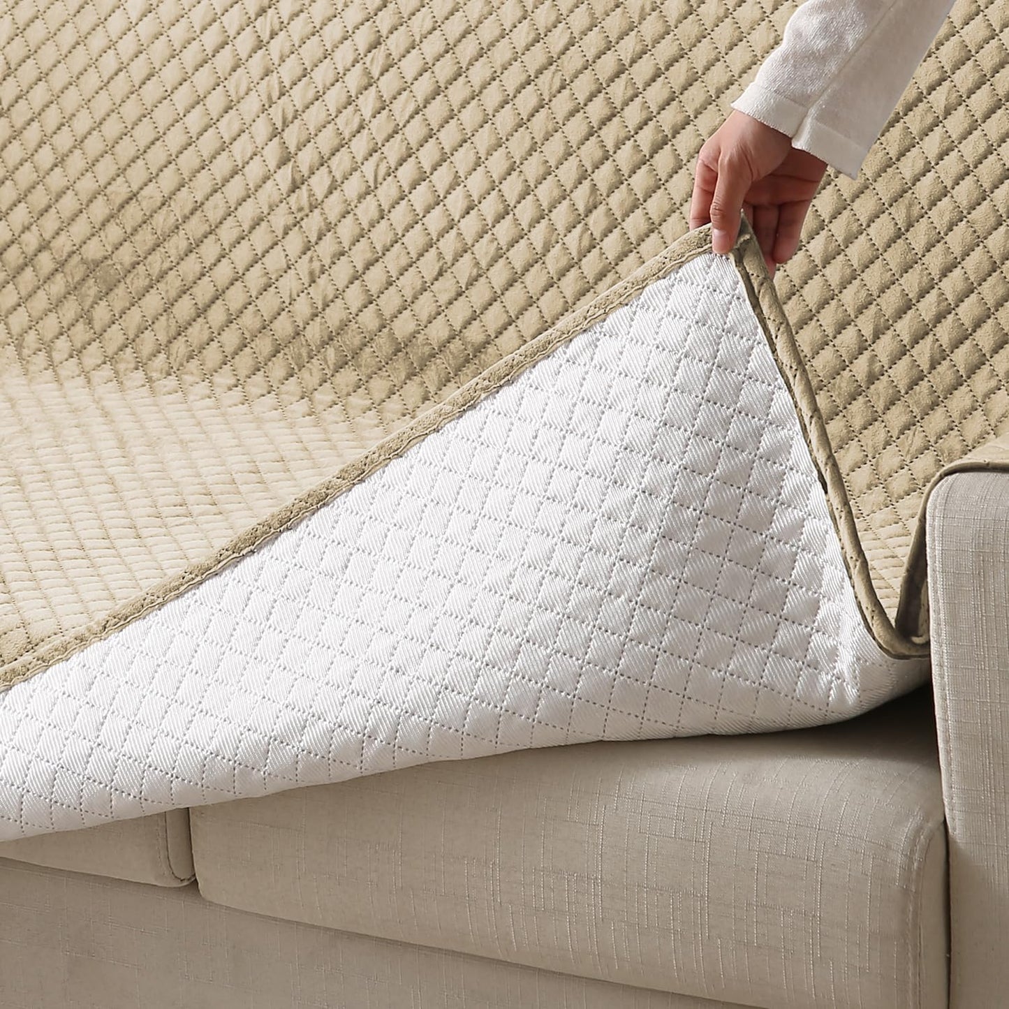 Quilted Velvet Sofa Cover Mat with Side Pockets, Pet Friendly, Natural Beige