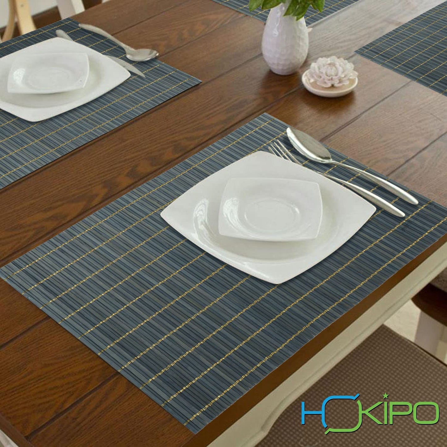 Reversible Bamboo Placemats For Dining Table Set Of 6 Table Mats, 45X30 Cm, Prussian Blue