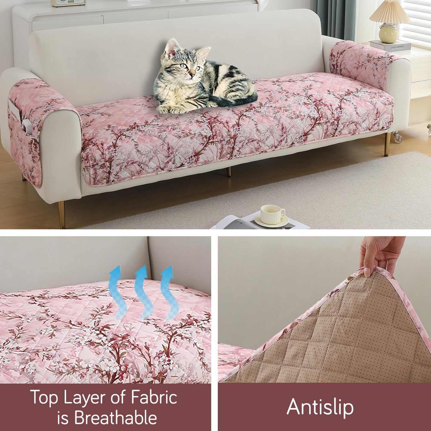 HOKIPO Quilted Waterproof Sofa Seat Mat with 2 Armrest Covers with Pockets, Blossom Flower Pink
