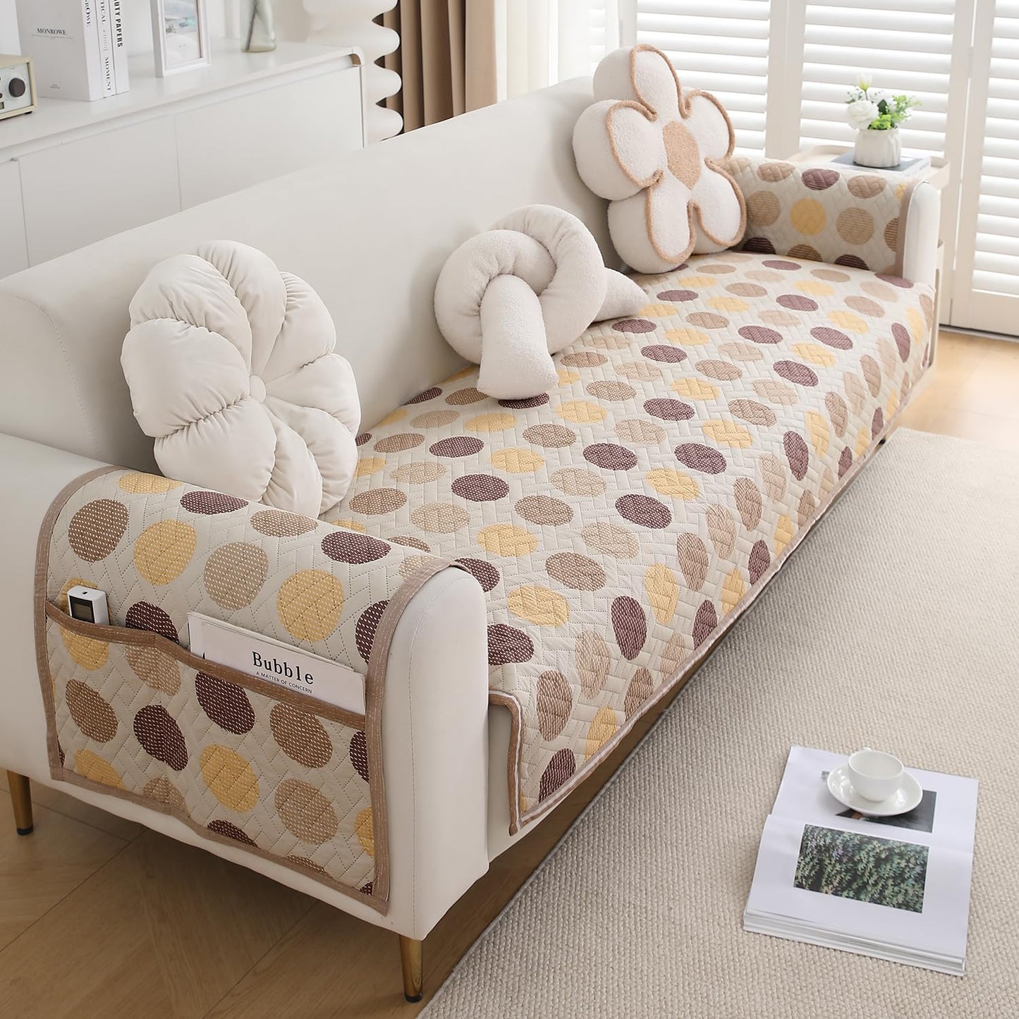 Quilted Sofa Seat Mat for 1/2/3 Seater with 2 Armrest Covers with Pockets, Brown Polka Dot