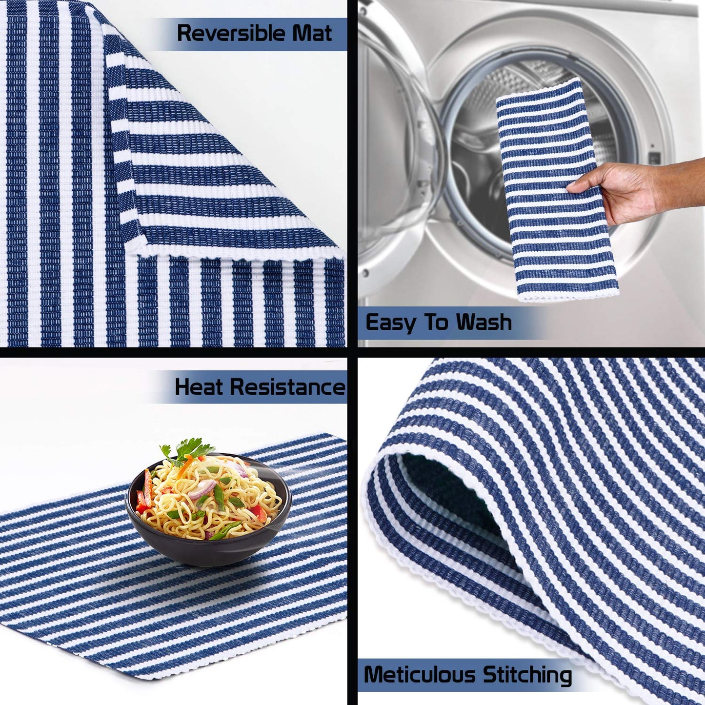 Ribbed Cotton Heat Resistant Dining Table Mat, Blue Striped