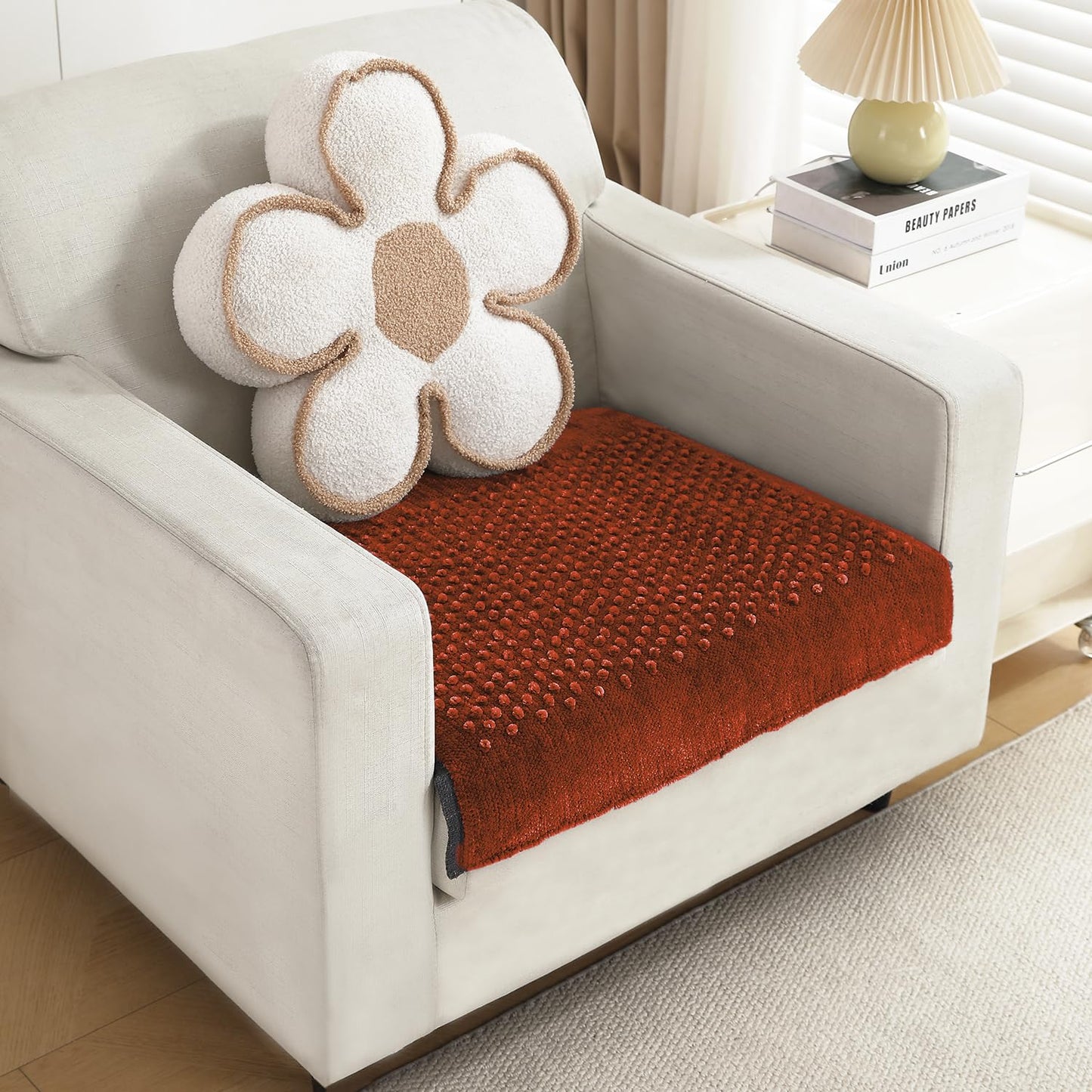 Handloom Made Thick Poly Velvet Reversible Sofa Mat for 1/2/3 Seater, Rust Brown