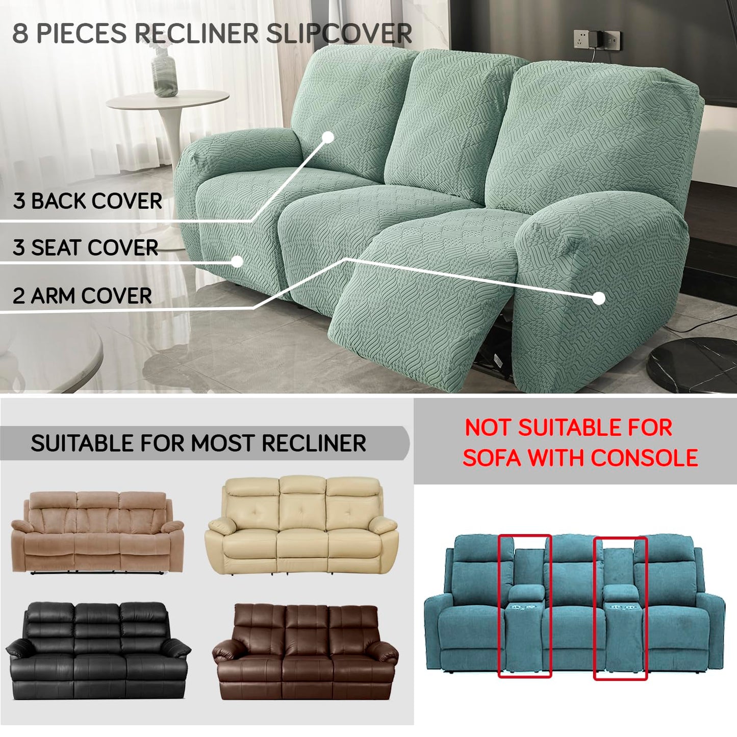 Premium 170 GSM Jacquard Fully Covered Recliner Sofa Cover for 1/2/3 Seaters, Green