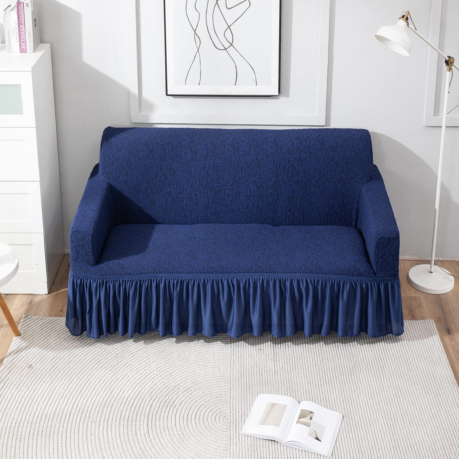 Navy Blue 3 seater designer woven jacquard elastic stretchable frill sofa cover