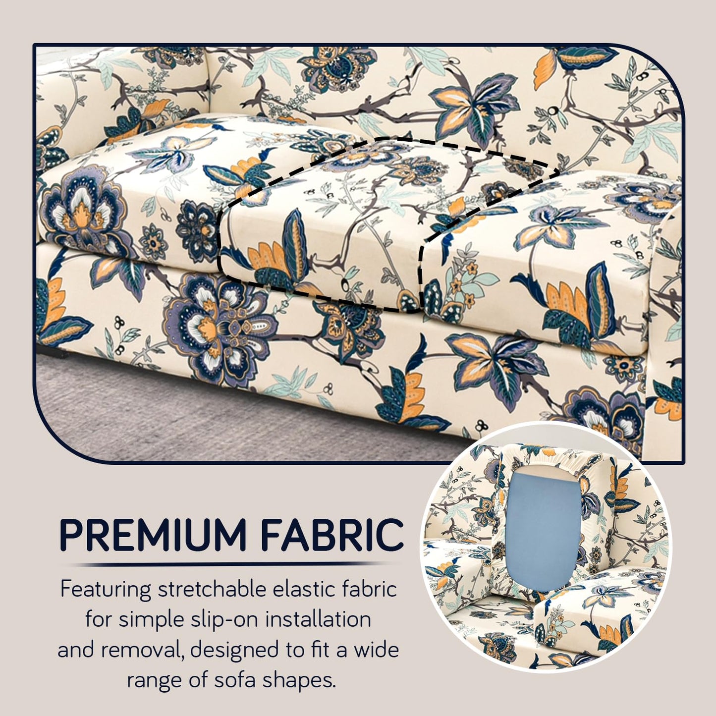 Printed Stretchable Sofa Slipcover with 1/2/3 Pc Separate Seat Cushion Cover for each 1/2/3 Seater, Cream Majestic Flora