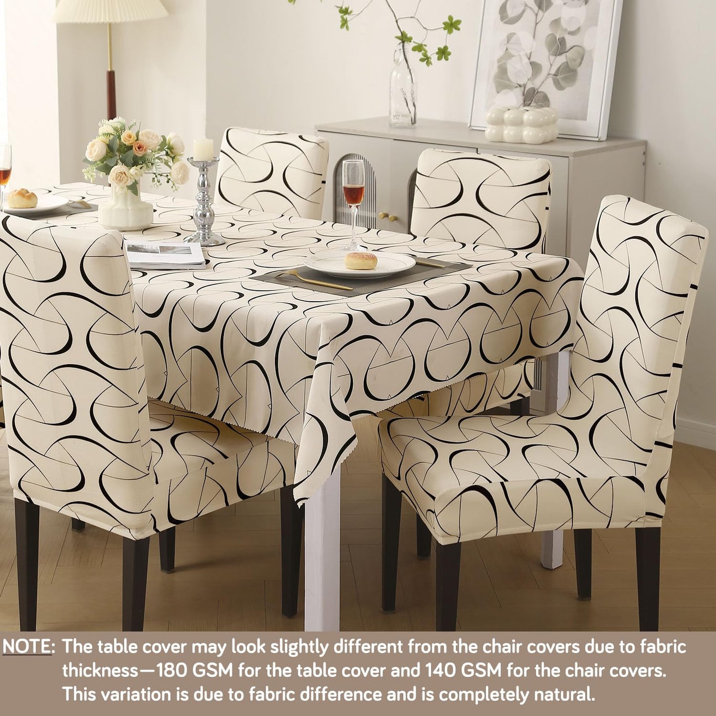 Elastic Dining Chair Covers with Matching Tablecloth, Natural Beige Abstract Art
