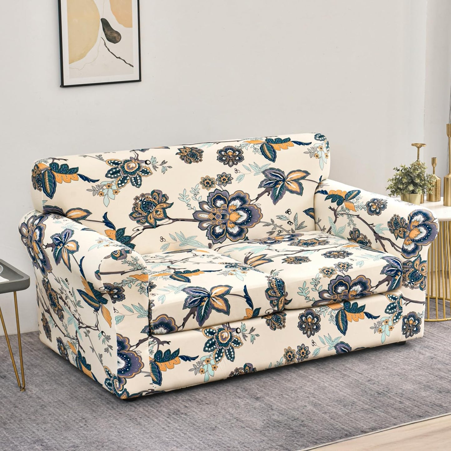 Printed Stretchable Sofa Slipcover with 1/2/3 Pc Separate Seat Cushion Cover for each 1/2/3 Seater, Cream Majestic Flora