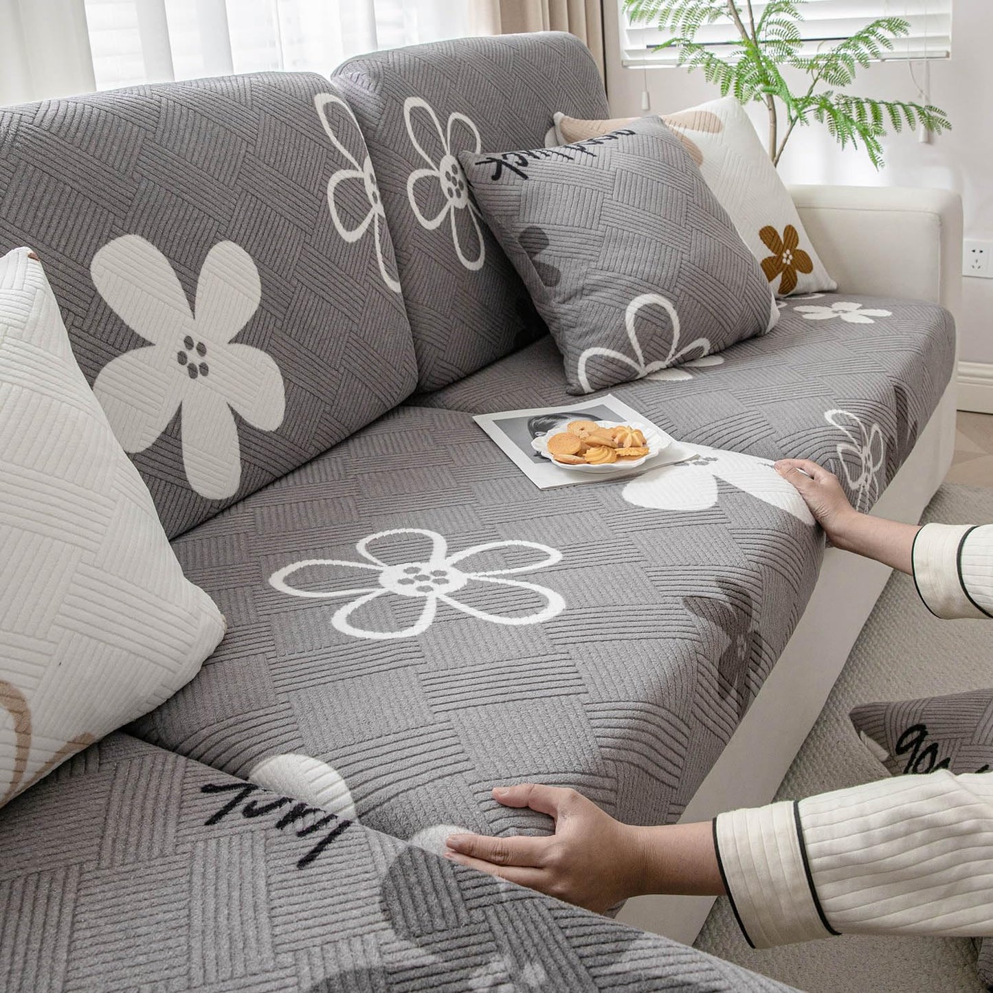 Stretchable Thick Fleece Textured Seat Couch Cushion Cover for 1/2/3 Seater, Moon Grey