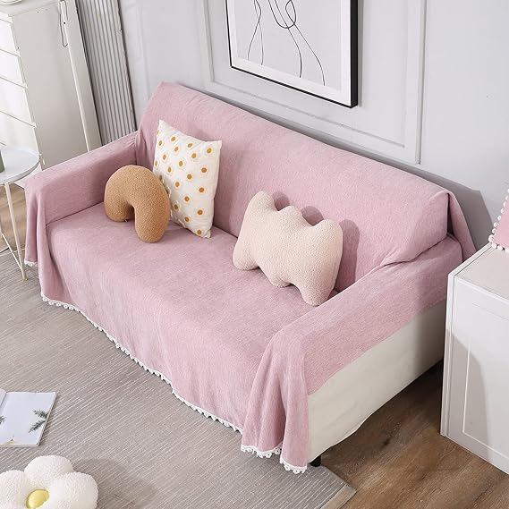 Pink chenille sofa throw cover is machine washable, available for 1, 2, 3 seater sofas