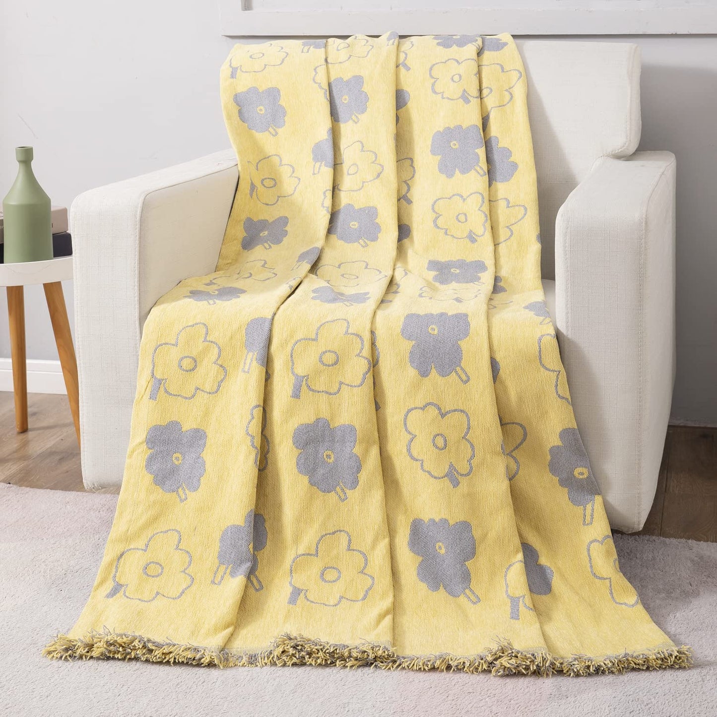 Thick, Soft and Pet Friendly Chenille Sofa Cover Throw, Yellow Floral