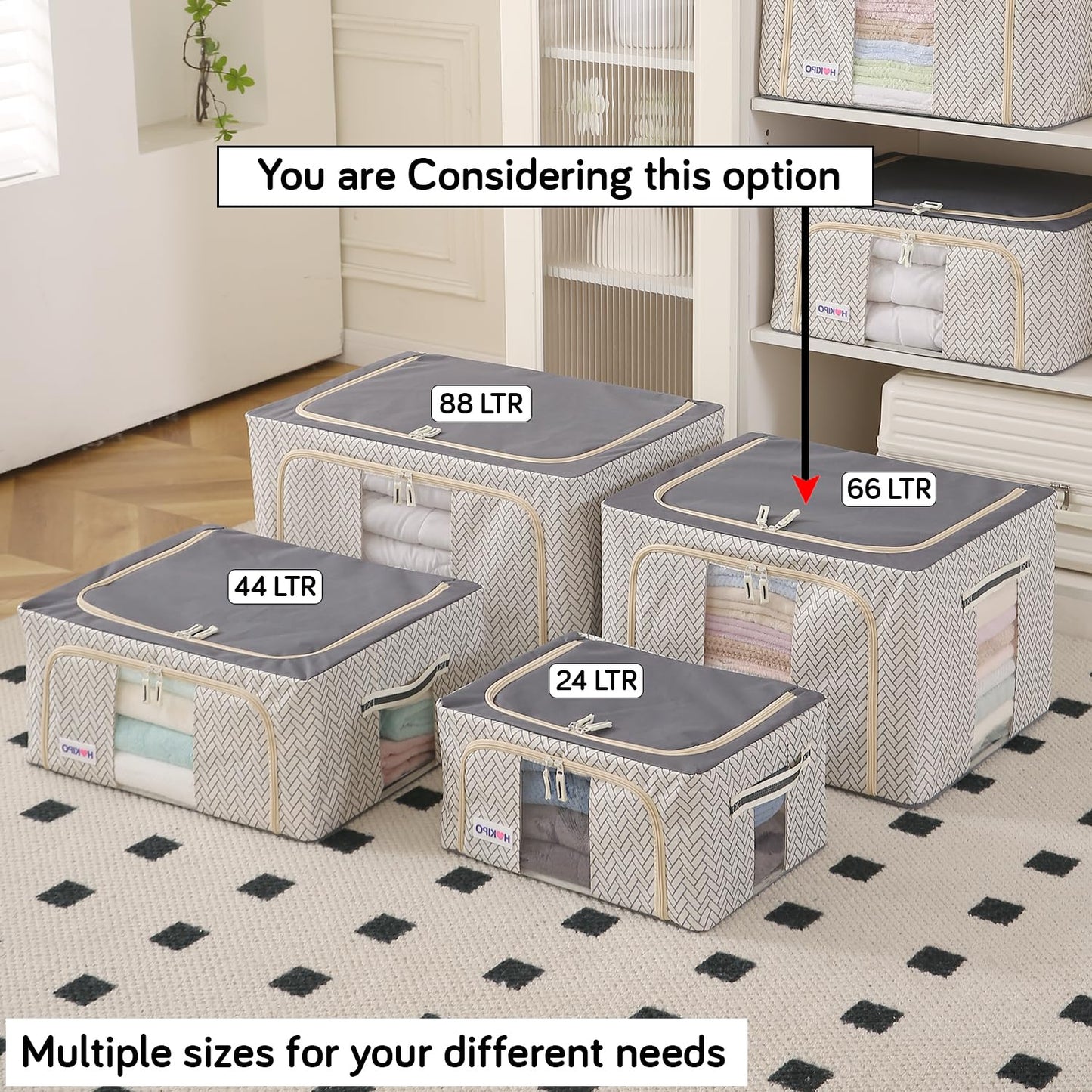 Wardrobe Organizer Storage Box | Foldable Cloth Storage Boxes with Metal Frame & Window | 600D Oxford Fabric, Cream Mist