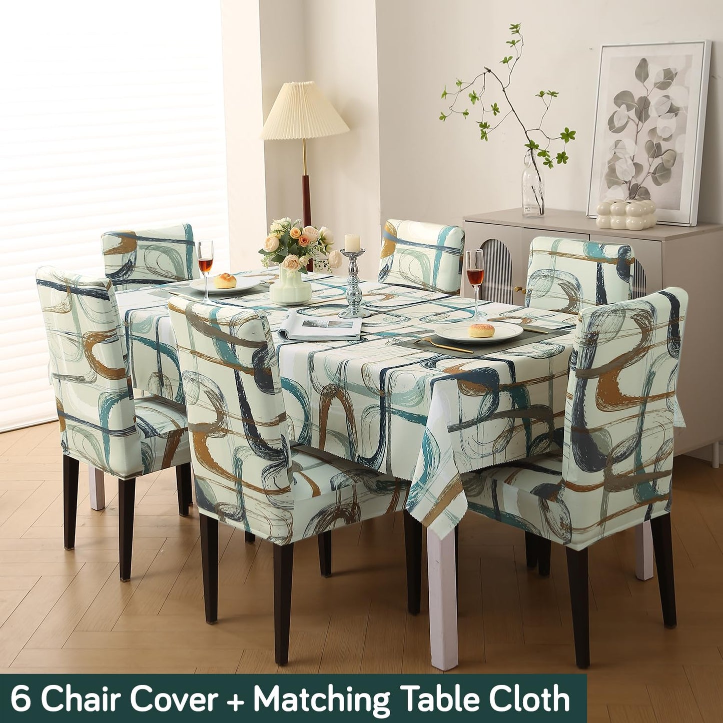 Elastic Dining Chair Covers with Matching Tablecloth, Parchement Beige Abstract Art