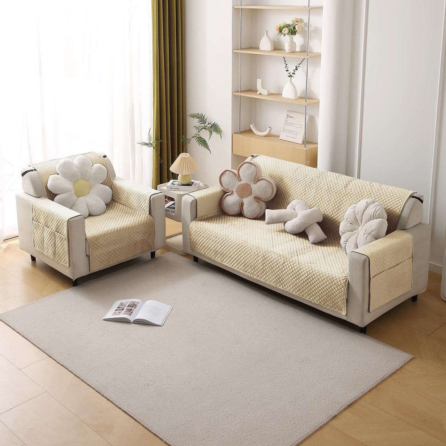 Quilted Velvet Sofa Cover Mat with Side Pockets, Pet Friendly, Natural Beige