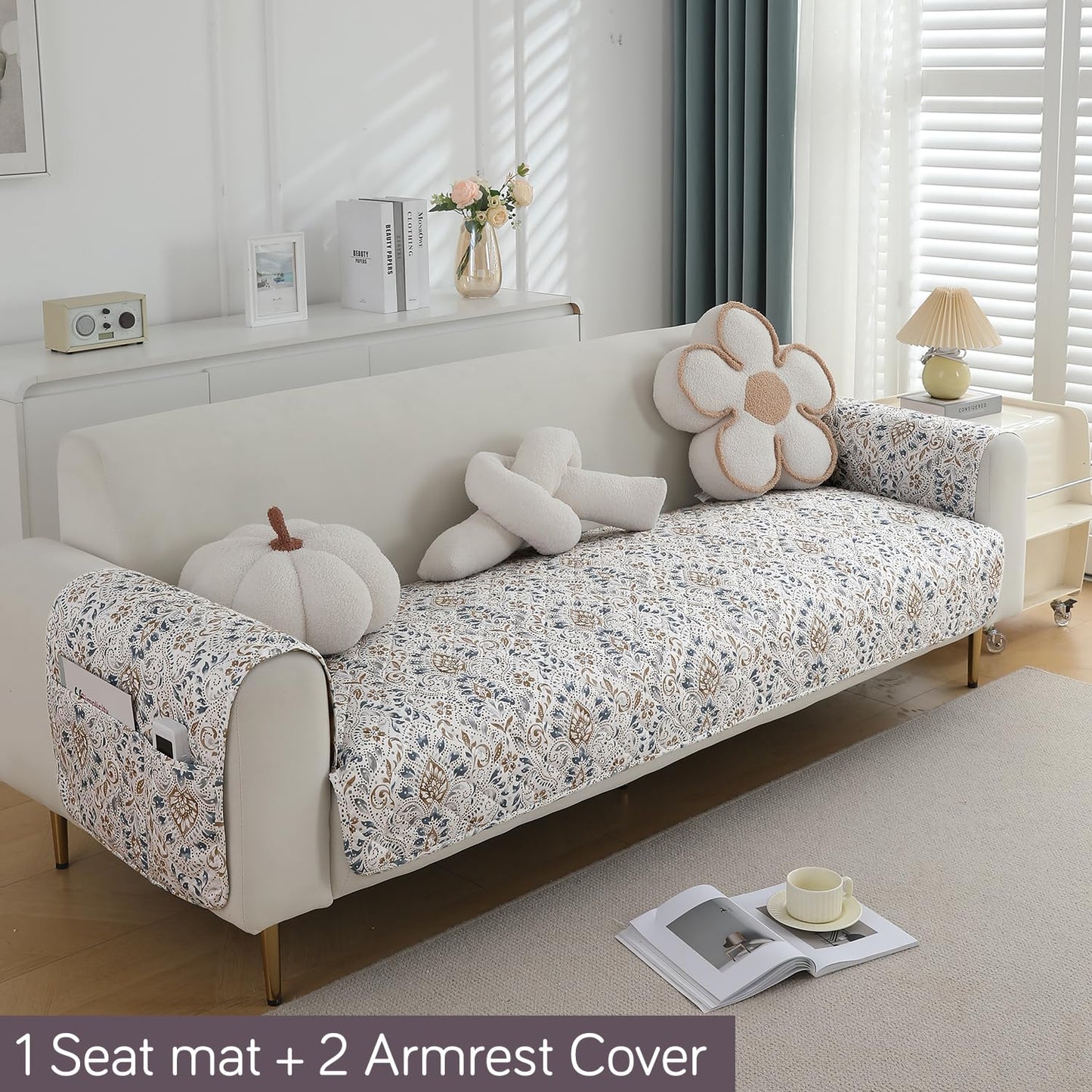HOKIPO Quilted Waterproof Sofa Seat Mat with 2 Armrest Covers with Pockets, Damask White