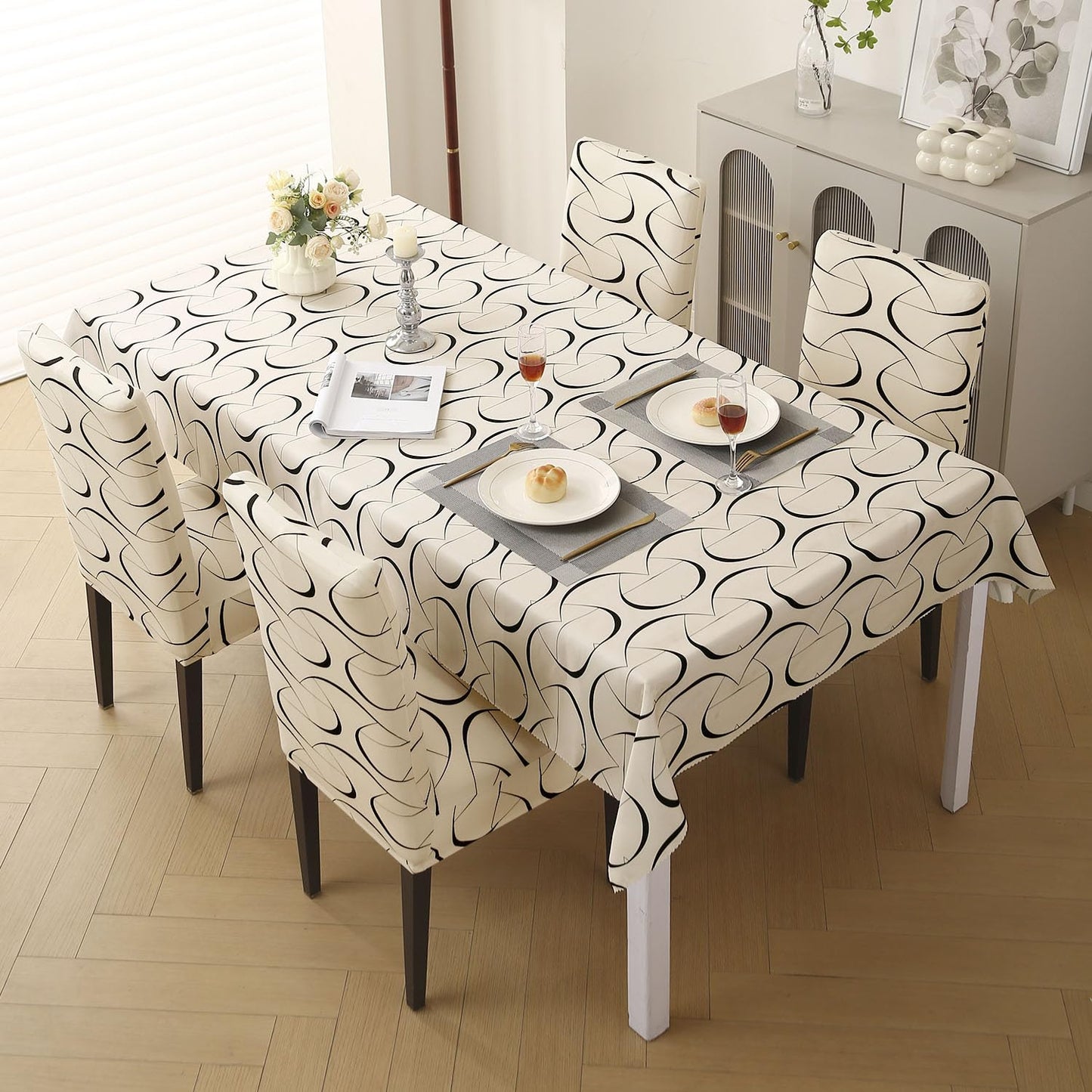 Elastic Dining Chair Covers with Matching Tablecloth, Natural Beige Abstract Art