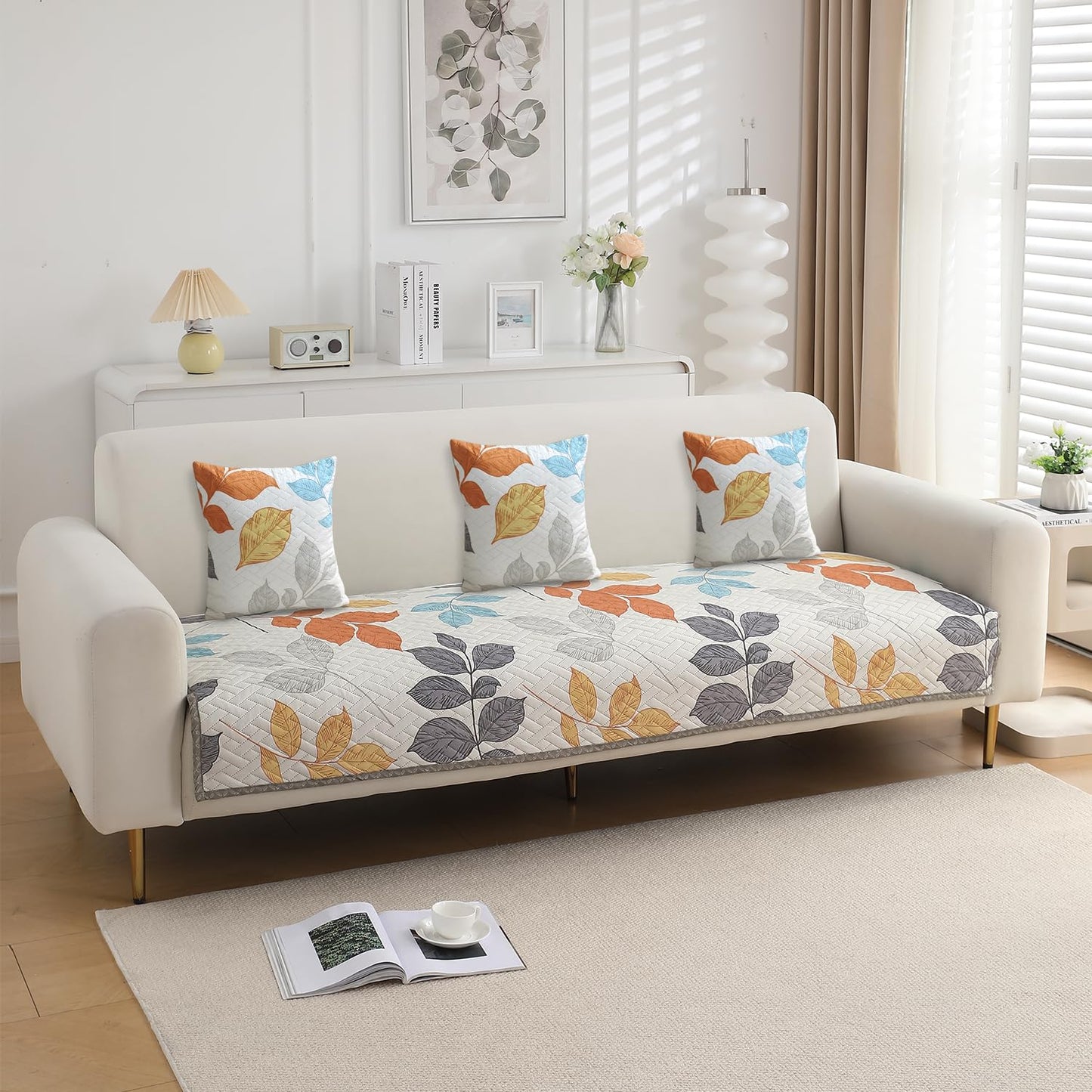 HOKIPO Printed Quilted Sofa Cushion Cover Pack of 2, Multicolor Leaves