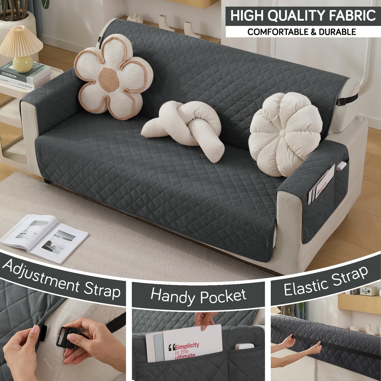 Quilted Waterproof Sofa Cover Mat with Pockets on Armrest Cover - Grey