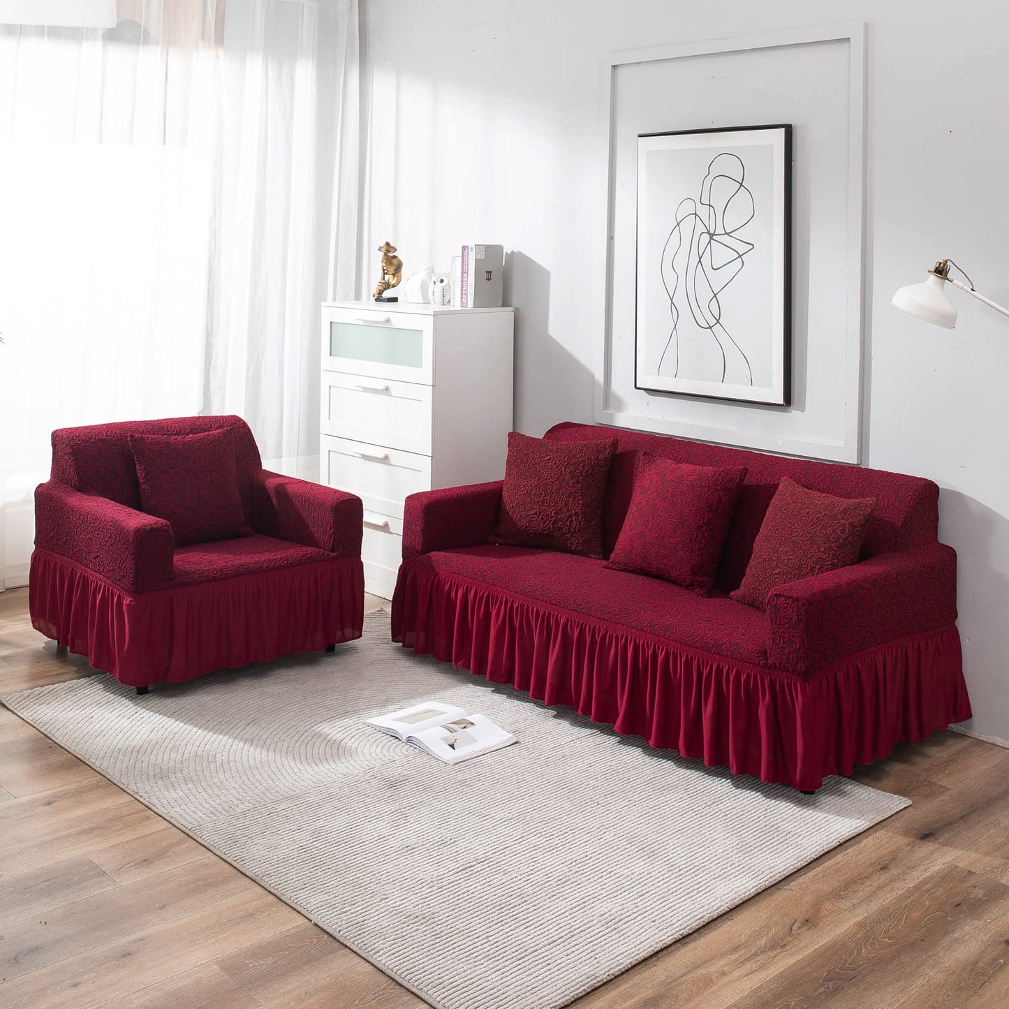 Wine Red Colour Woven Jacquard Zippered Square Sofa Pillow Covers