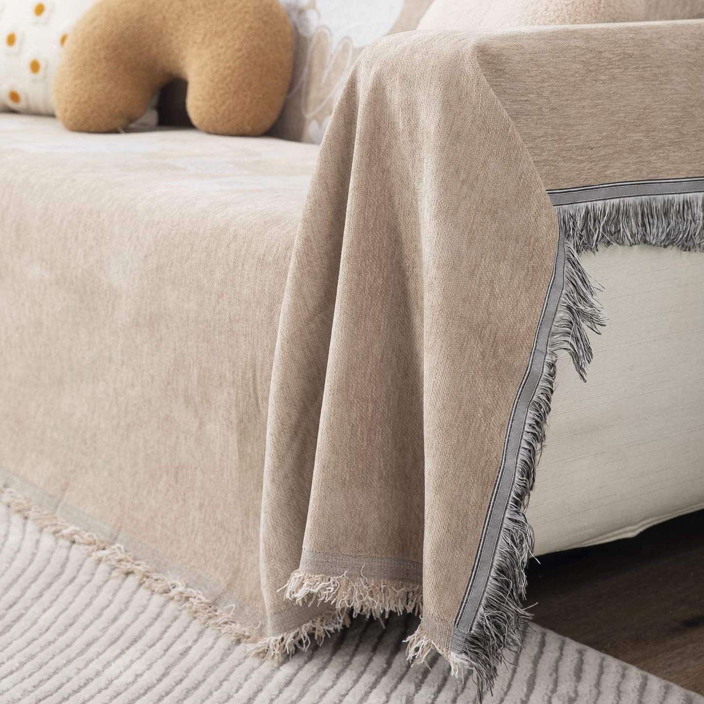 Beige Nature, Soft and Pet Friendly Chenille Sofa Cover Throw