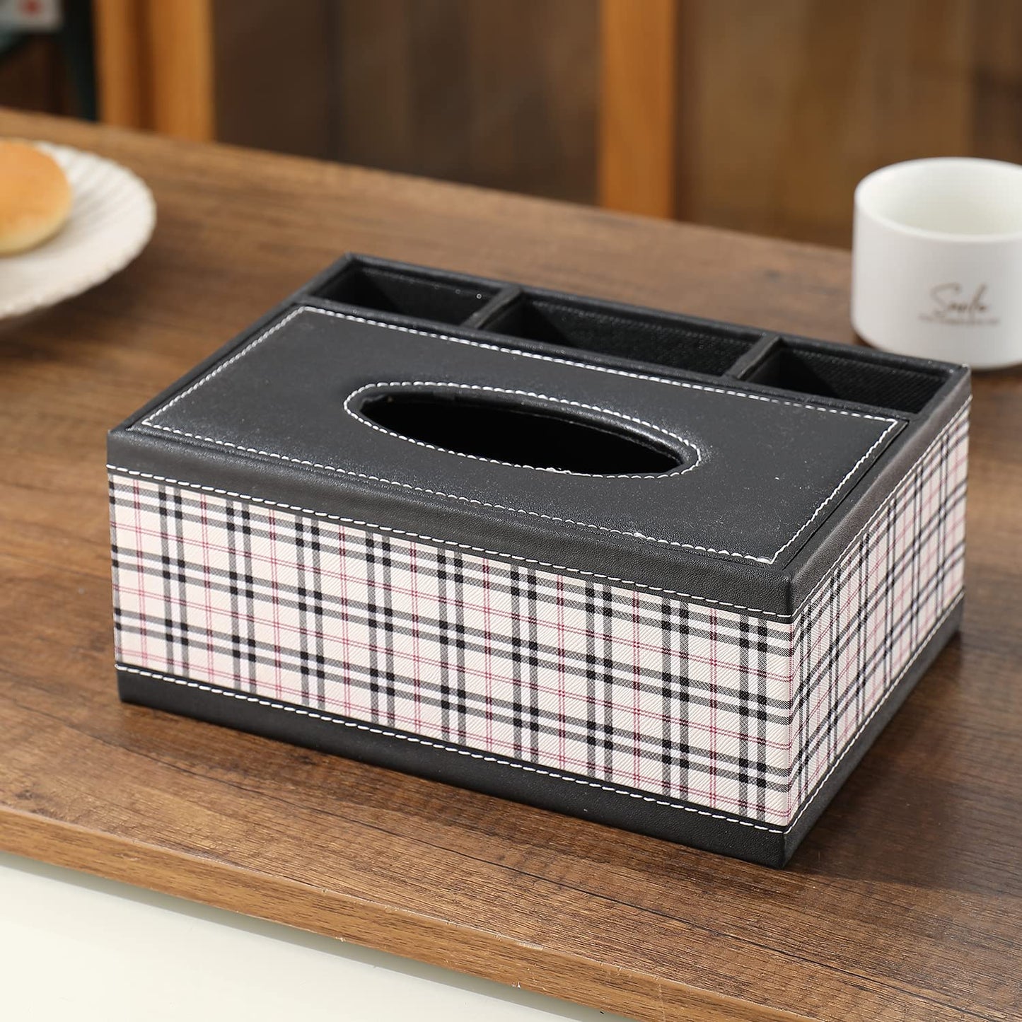 Faux Leather Tissue Storage Box with Compartment Remote Control Holder Desk Organizer