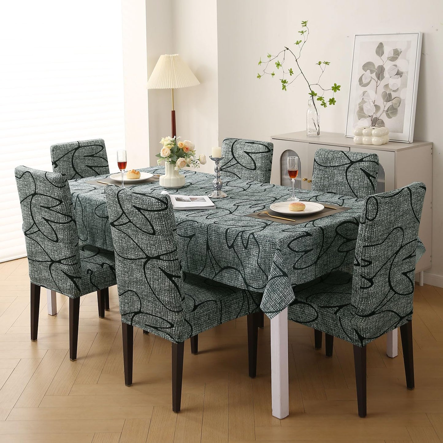 Elastic Dining Chair Covers with Matching Tablecloth, Intense Grey Abstract Floral