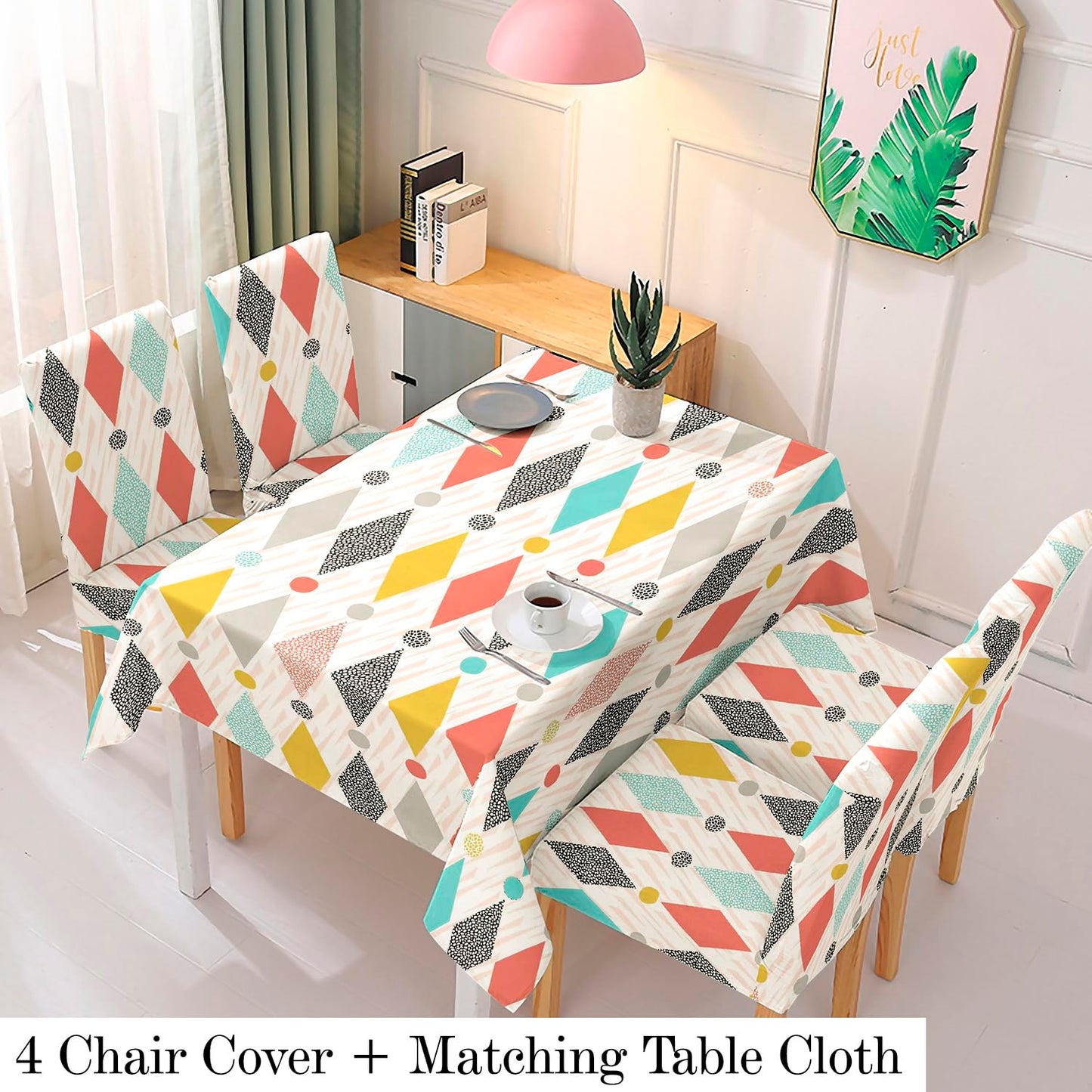 Elastic Dining Chair Covers Set of 4/6 with Matching Tablecloth, Rhombus Multicolor