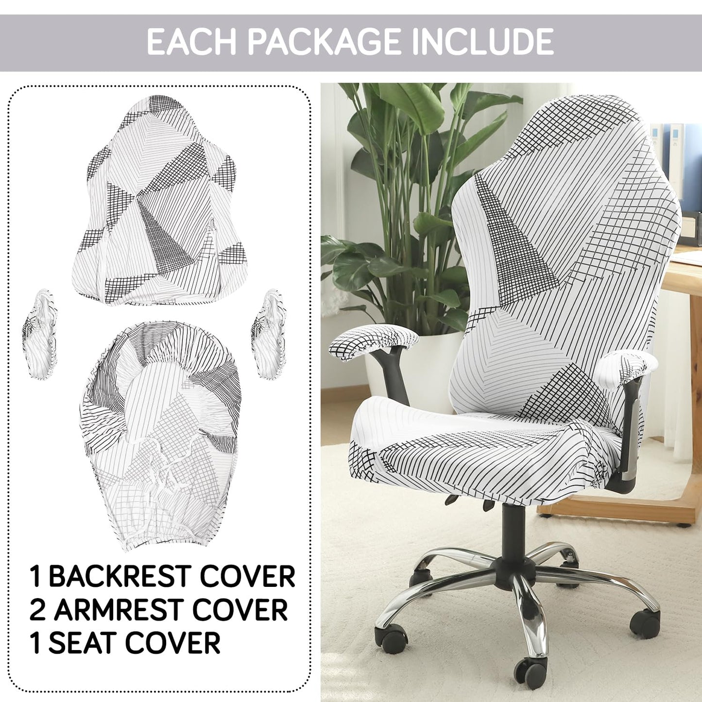 Gaming Chair Seat Cover Elastic Computer Rotating Chair, Snow White Black Geometry