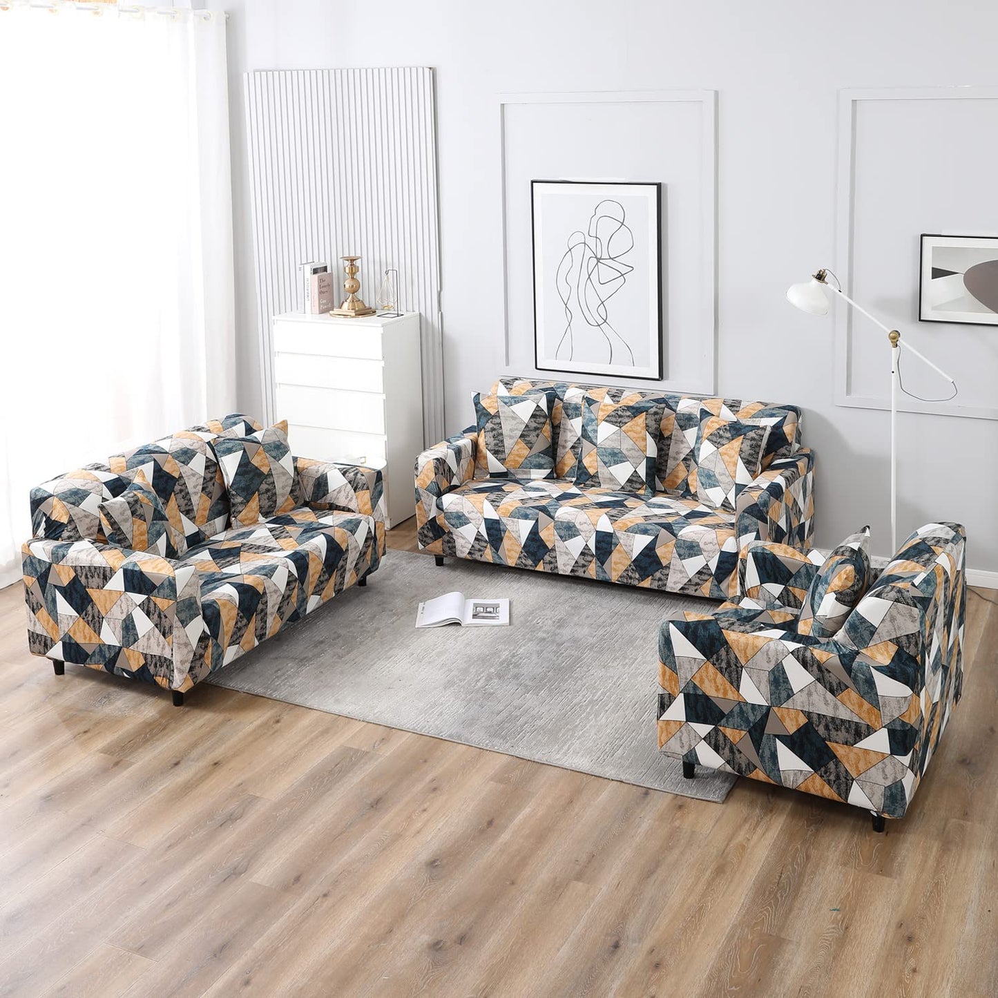 Stretchable Pack of 2 Cushion Cover 16x16, Multicolor Geometric Print