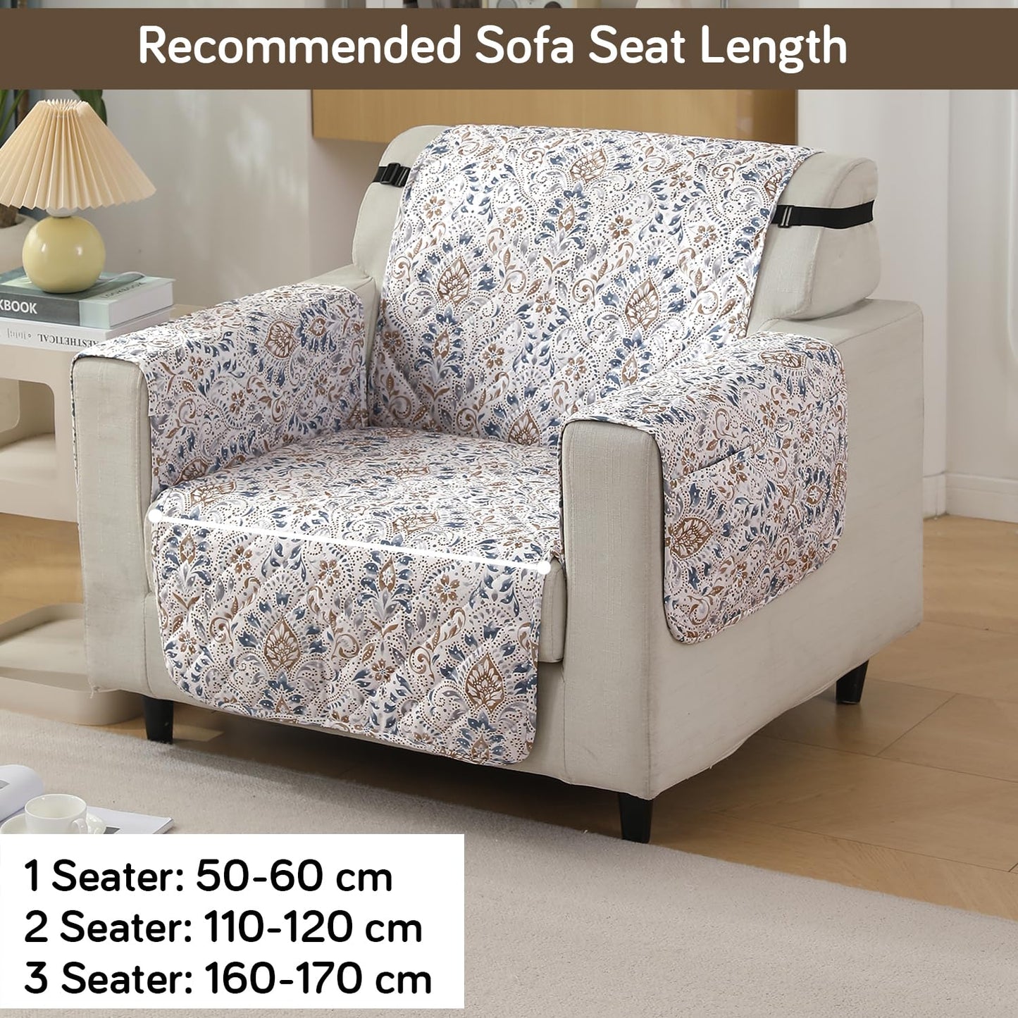Quilted Waterproof Sofa Cover Mat with Pockets on Armrest Cover -Damask White