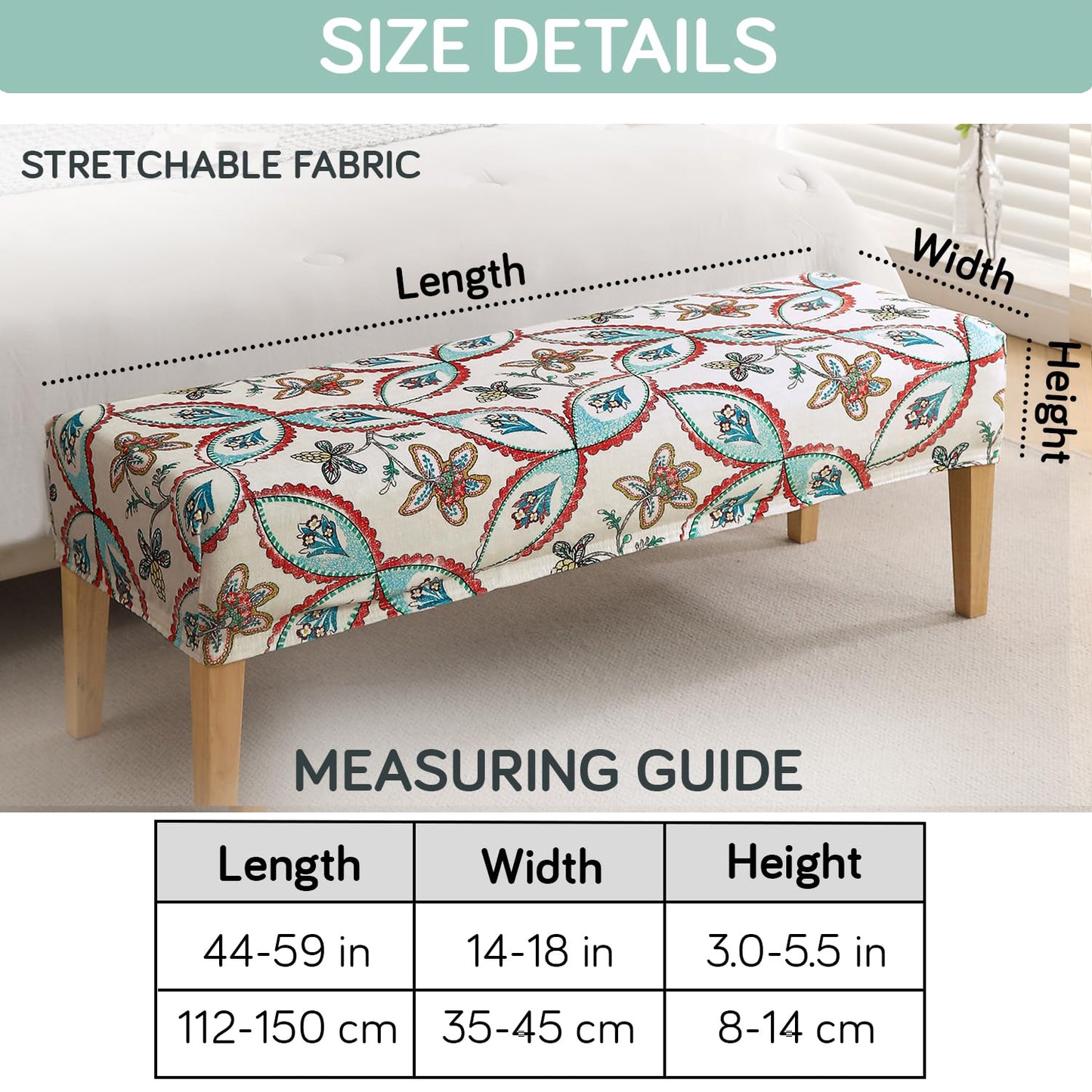 Premium Printed Velvet Stretchable Dining Bench Slipcover, Beige Persian Garden