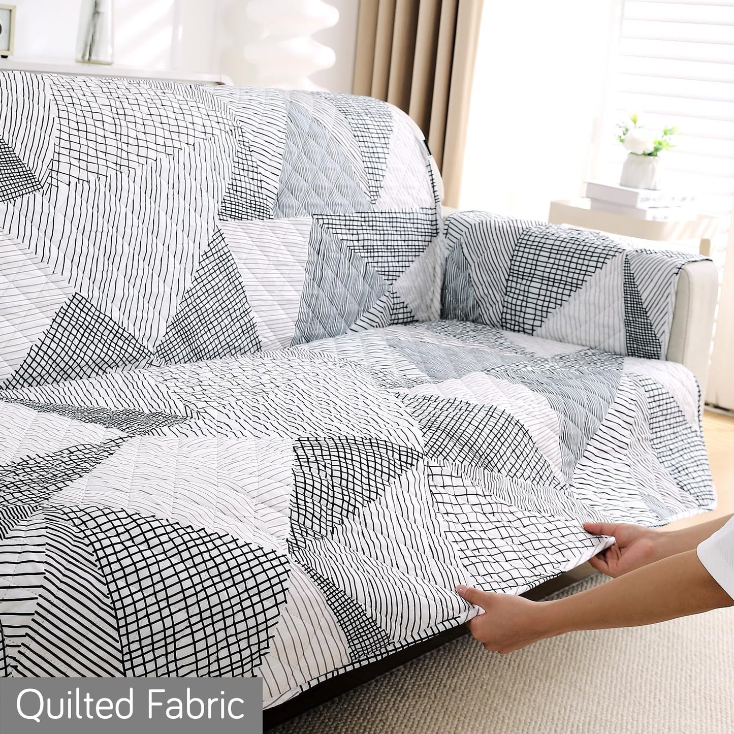 Waterproof Printed Quilted Quick Dry L Shape Sofa Seat Cover Mat, Snow White Black Geometry