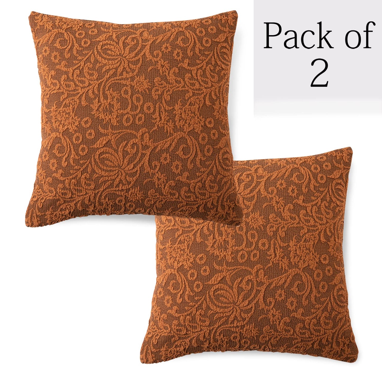 Elegant Caramel Brown Colour Woven Jacquard Zippered Square Cushion Cover - Set of 2