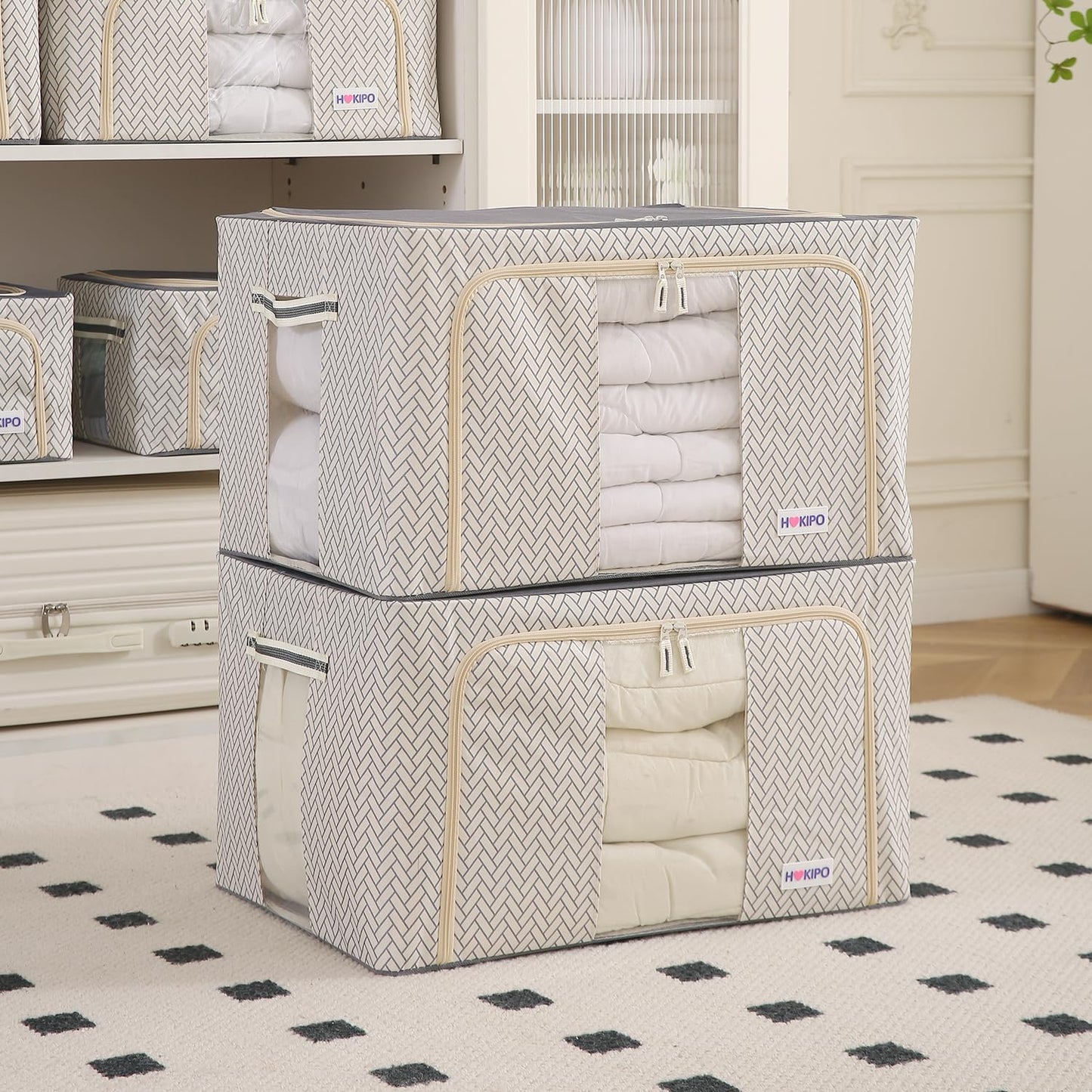 Wardrobe Organizer Storage Box | Foldable Cloth Storage Boxes with Metal Frame & Window | 600D Oxford Fabric, Cream Mist