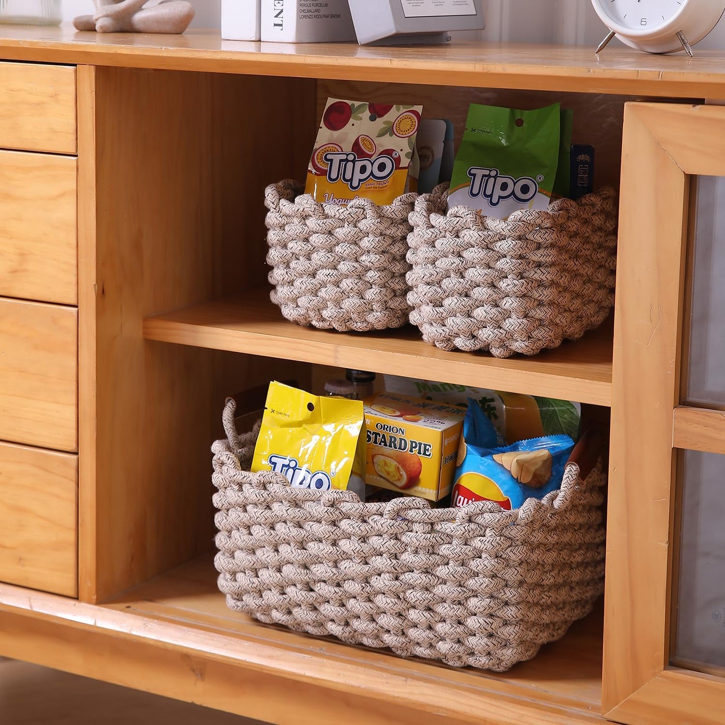 Eco-Friendly Thick Cotton Rope Storage Baskets Set of 3, Beige