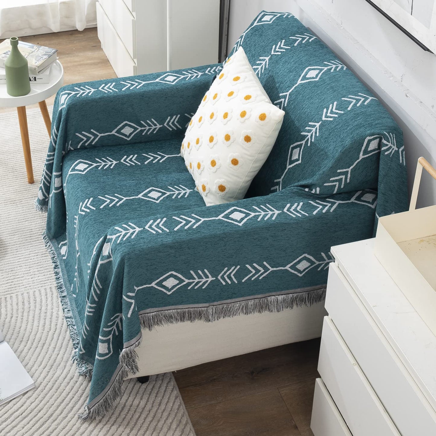 Thick, Soft and Pet Friendly Chenille Sofa Cover Throw, Teal Aztec